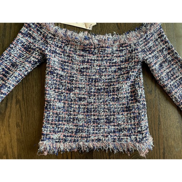 NWT ZARA Tweed Frayed Off-Shoulder Blue Pink Sweater Top Small - Picture 4 of 8
